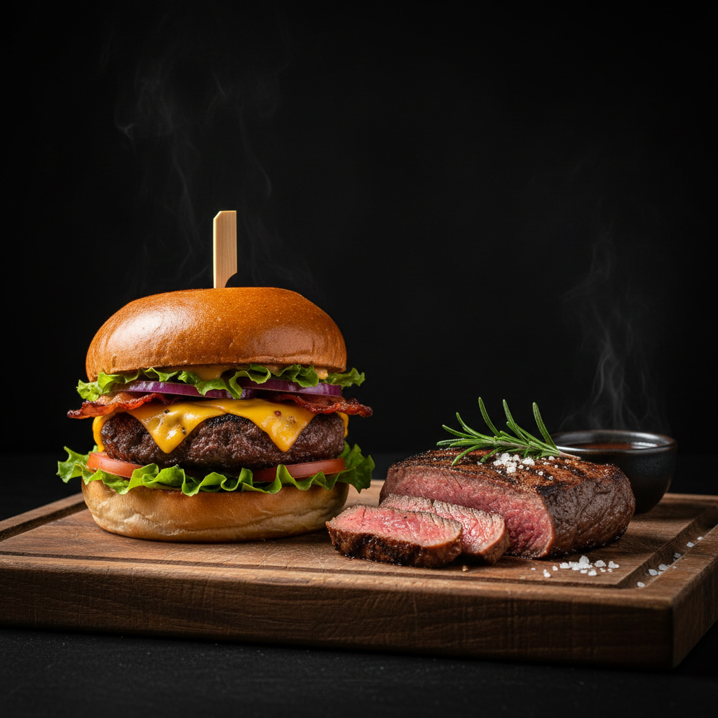 Delicious burger and steak, food photography, dark background
