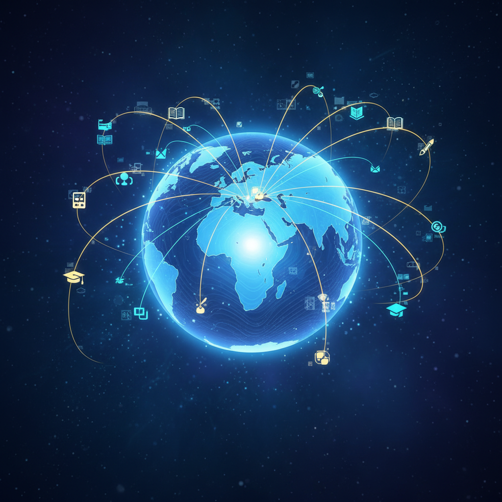 Graphic illustration of a glowing globe with connection lines originating from Russia to the world, summarizing education export, digital art style