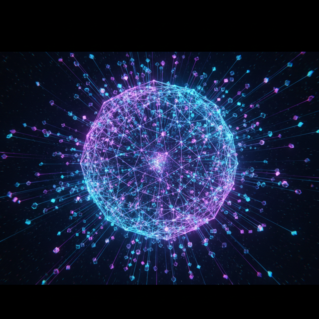 Abstract hero image of a glowing digital database network in neon blues and purples with orbiting data nodes, cinematic lighting, 8k resolution, low angle, futuristic technology