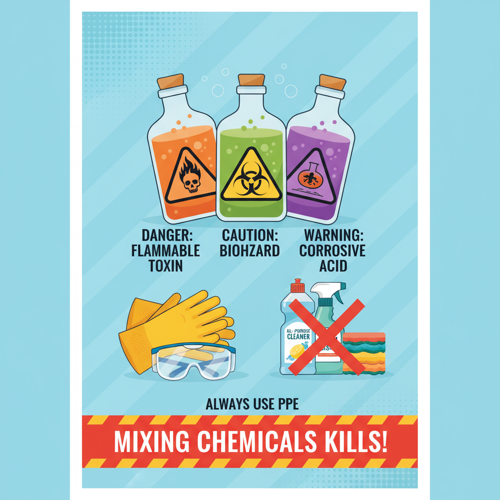 hazardous chemical bottles with warning labels, gloves, safety goggles, kitchen cleaning supplies, safety poster style