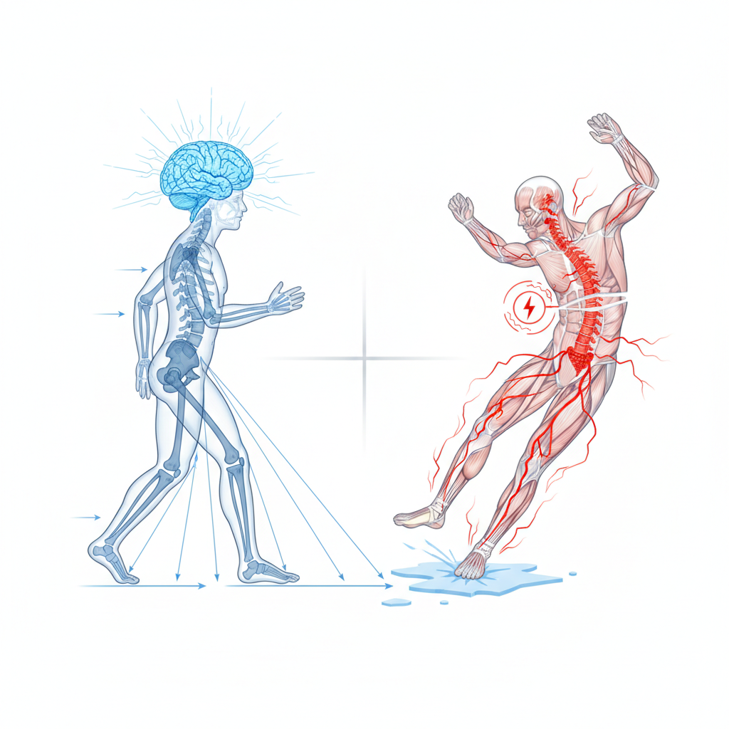 Diagram illustration comparing proactive gait planning versus reactive balance recovery. On one side a brain planning a step, on the other side a reflex arc reacting to a slip, medical schematic style, clean white background
