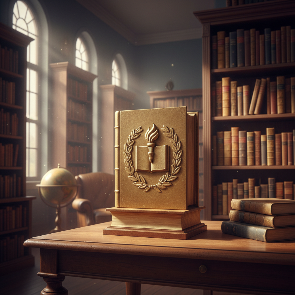 A vintage 1960s style library setting with a prestigious golden book trophy on a wooden table, cinematic lighting, photorealistic