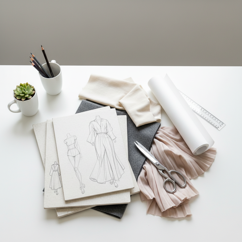 Minimalist aesthetic workspace of a fashion designer, sketches, fabrics, scissors on a white table, top view, bright lighting