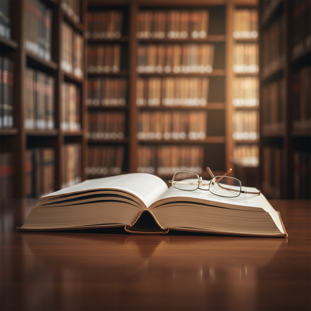 Open law book on a wooden table, glasses, library background, soft lighting, academic research concept, professional photography