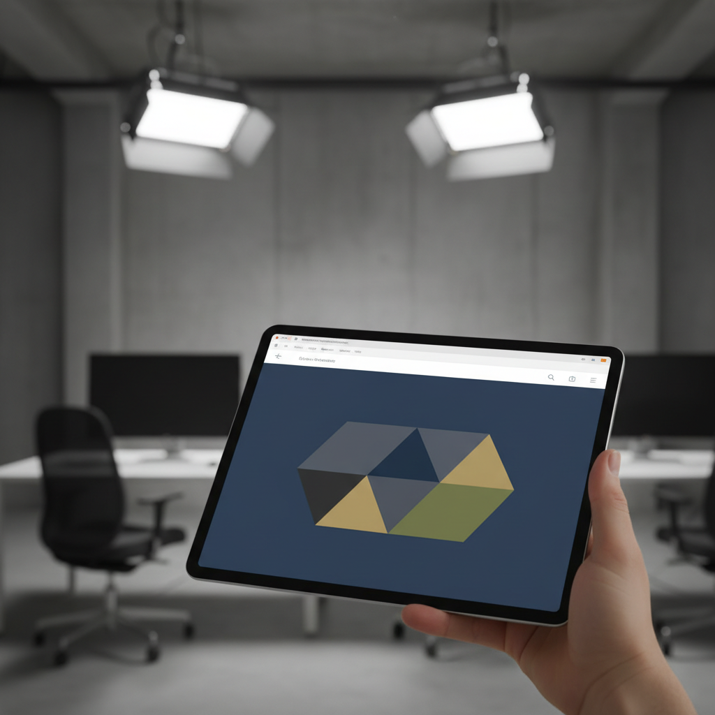 Modern design studio environment, blurred background, close up on a digital tablet showing a sleek graphic design interface, professional lighting