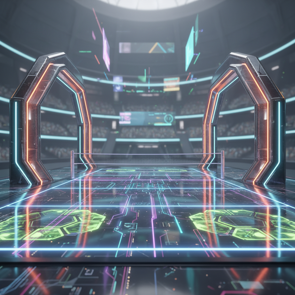 Futuristic volleyball court concept, digital overlay lines, bright neon accents, technology integration visualization