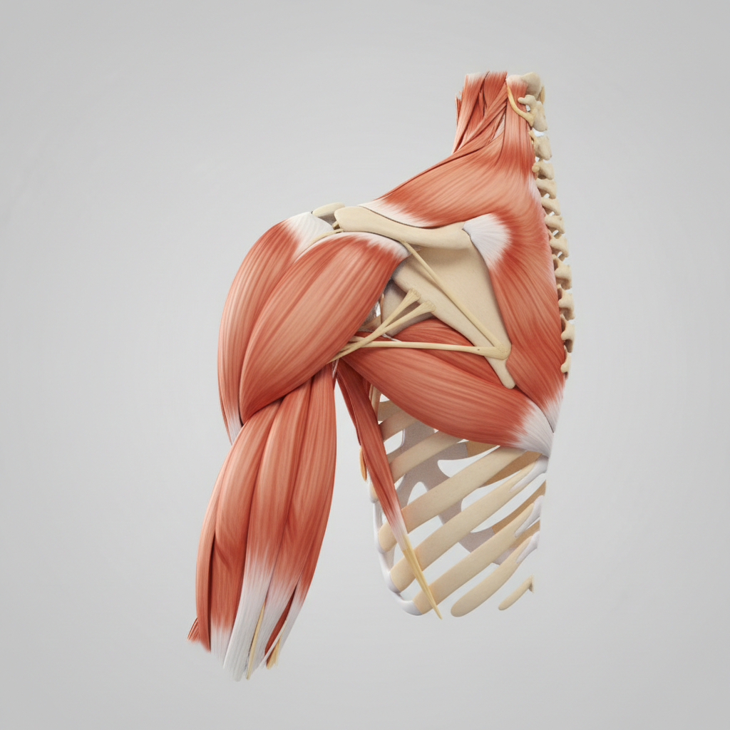Detailed anatomy 3d render of human shoulder muscles and ligaments, highly detailed, medical textbook style, neutral background