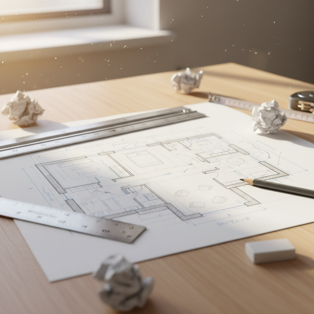 Architectural floor plan sketch on a desk with ruler and pencil, bright lighting, emphasizing planning and estimation stages