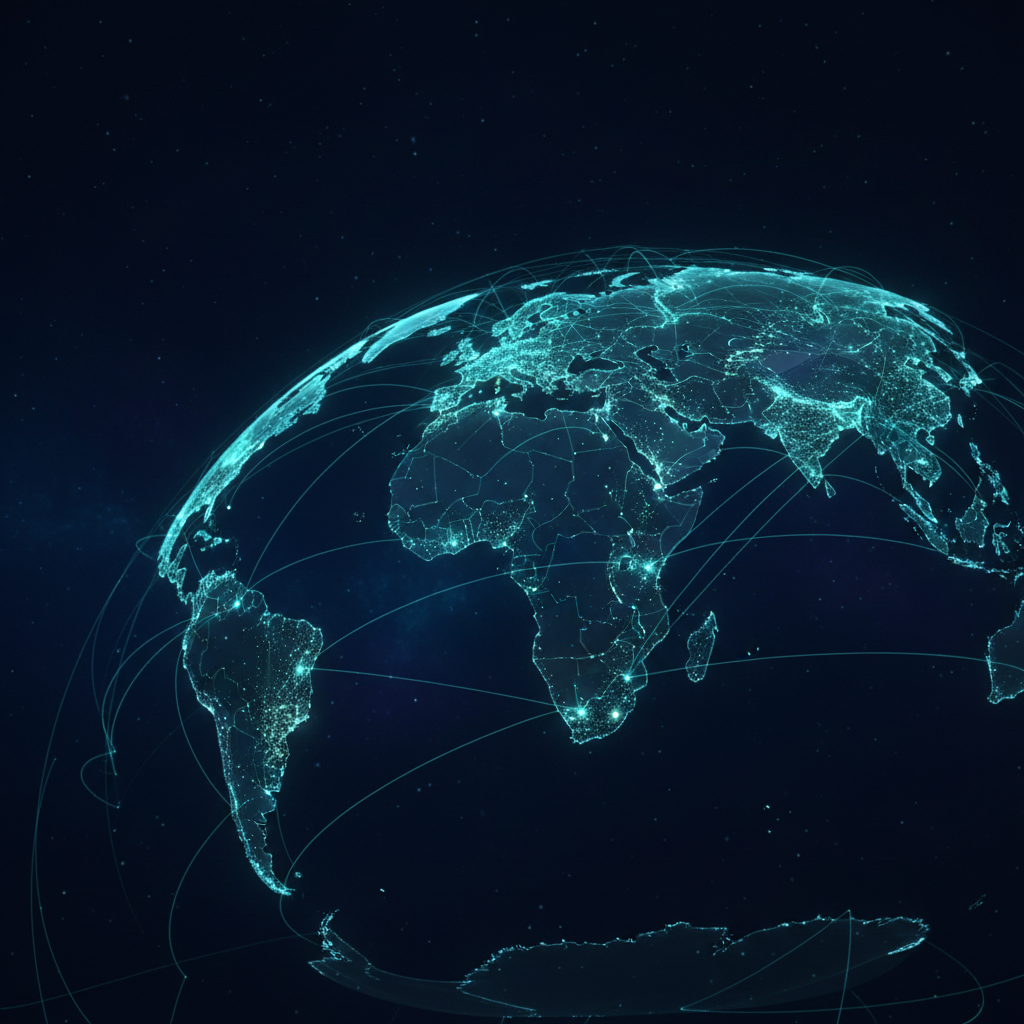 Abstract digital network map connecting global cities with glowing teal lines on a dark navy background, cinematic lighting, 8k resolution, minimalist tech style