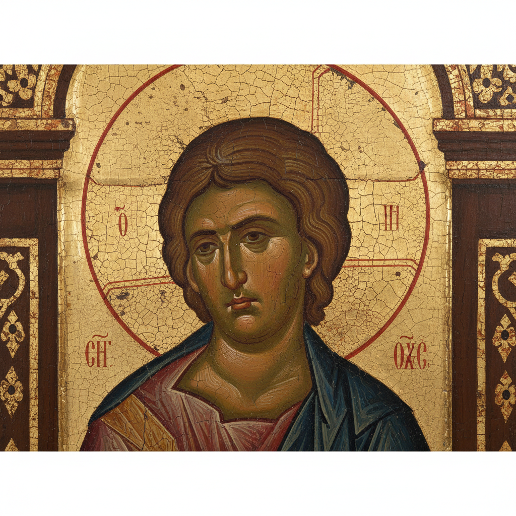 Detail of a Byzantine icon, golden halo, paint craquelure, deep spiritual emotion, close up, warm lighting