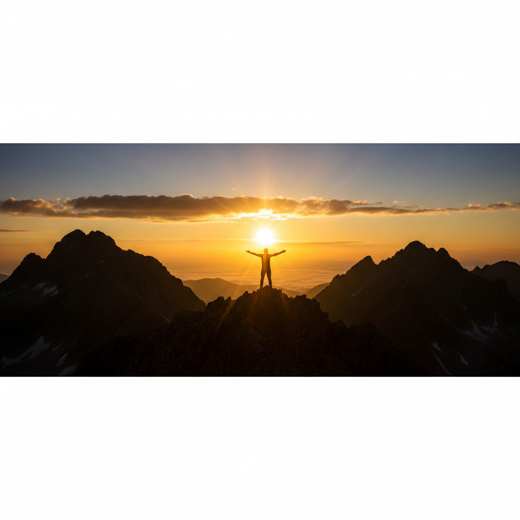 Silhouette of a person standing on a mountain peak watching a bright golden sunrise, representing hope, strength, and a new beginning, high resolution