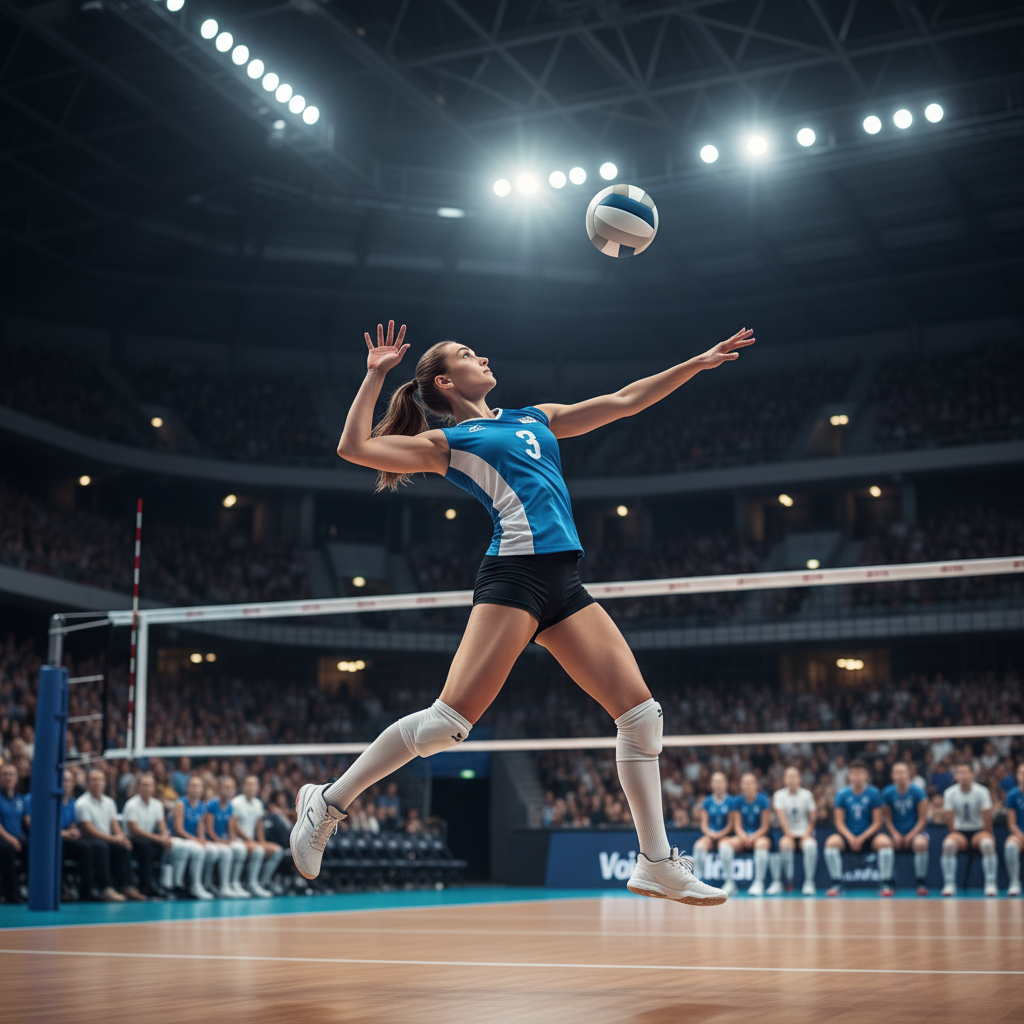 Volleyball player serving the ball, freeze frame action, focus on the serve technique, stadium background