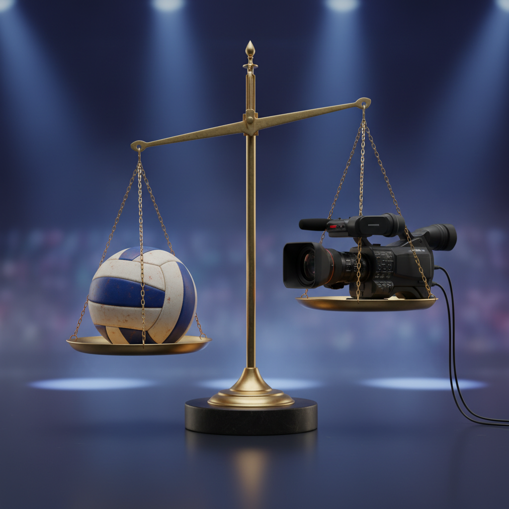realistic conceptual photo showing balance scales with a volleyball on one side and a television camera on the other, symbolic of media influence, professional lighting