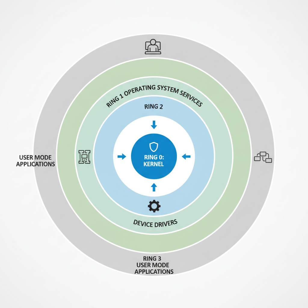 CPU protection rings diagram showing kernel in center and user mode in outer ring