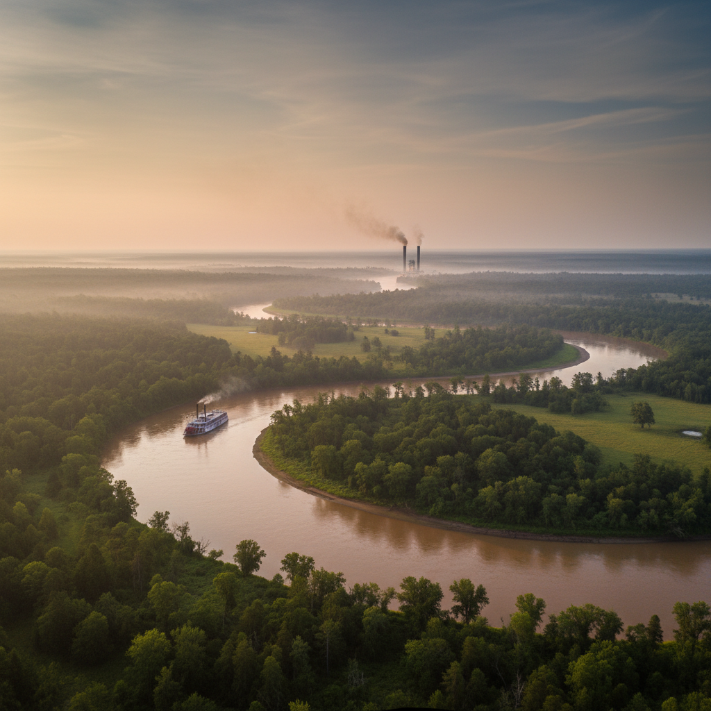 A wide muddy river meandering through an American landscape, 19th century steamboat in distance, hazy atmosphere