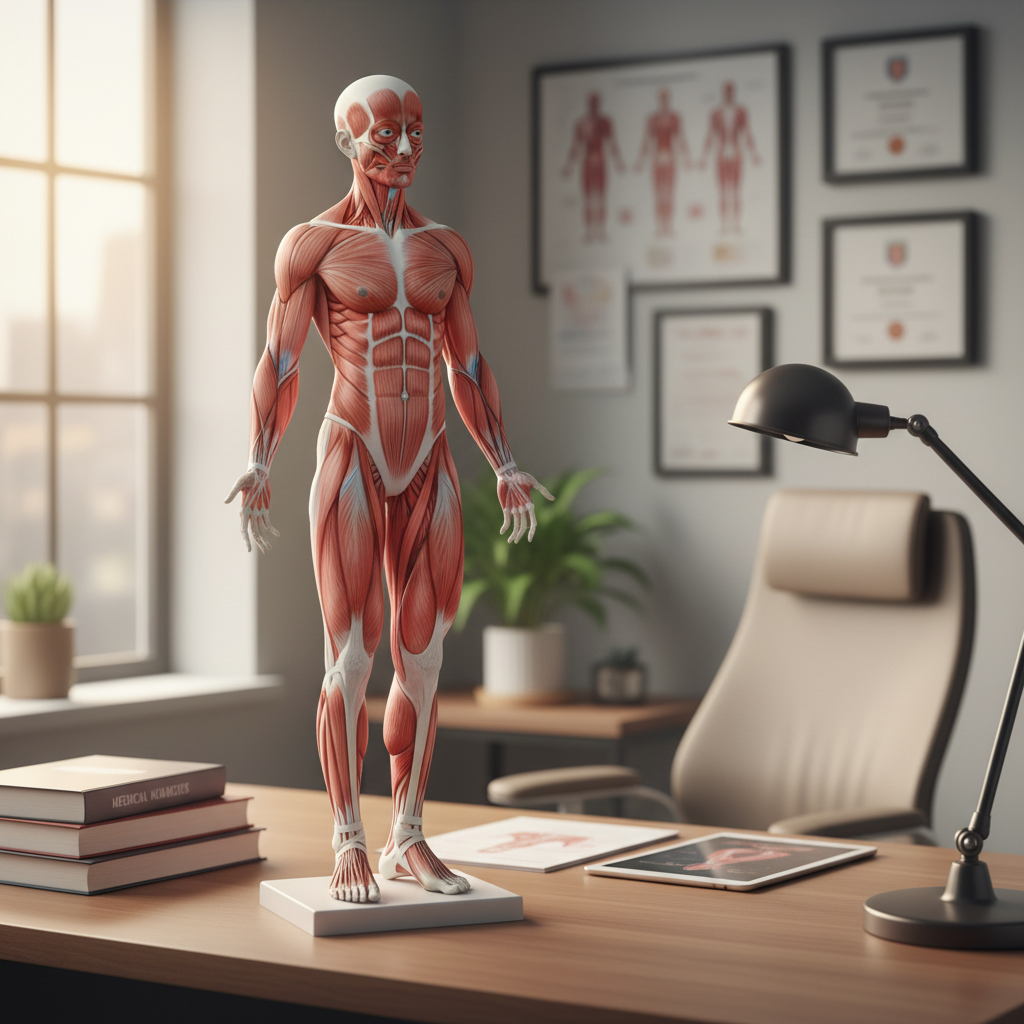 Professional medical office setting with a 3D anatomical model of a leg on a desk, warm lighting, photorealistic 8k
