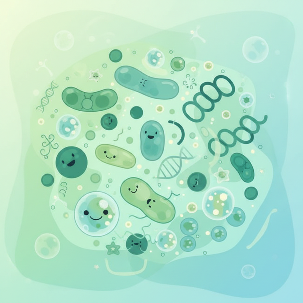 Friendly educational illustration of healthy gut bacteria, soft green and blue colors, science style