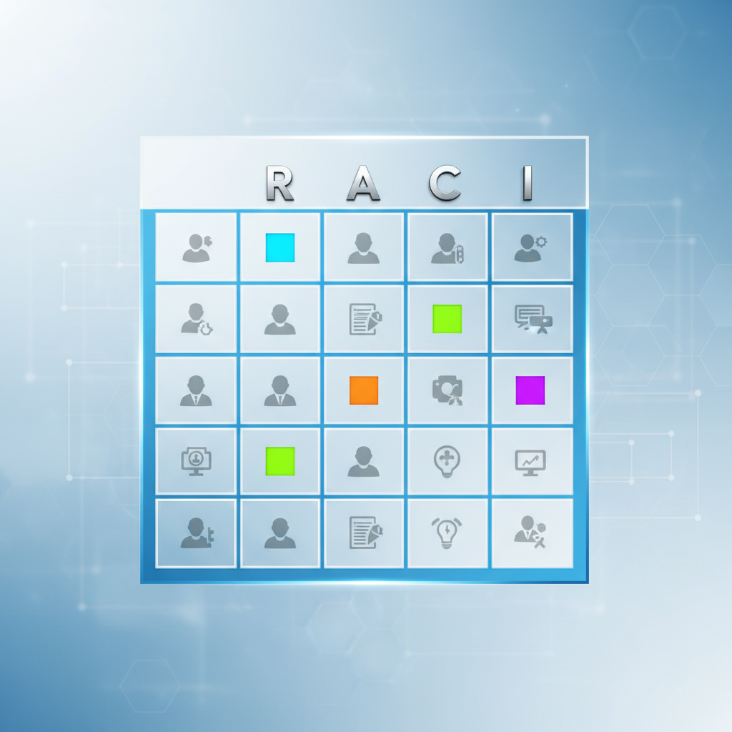 RACI matrix conceptual chart, letters R A C I in a grid structure, corporate schematic