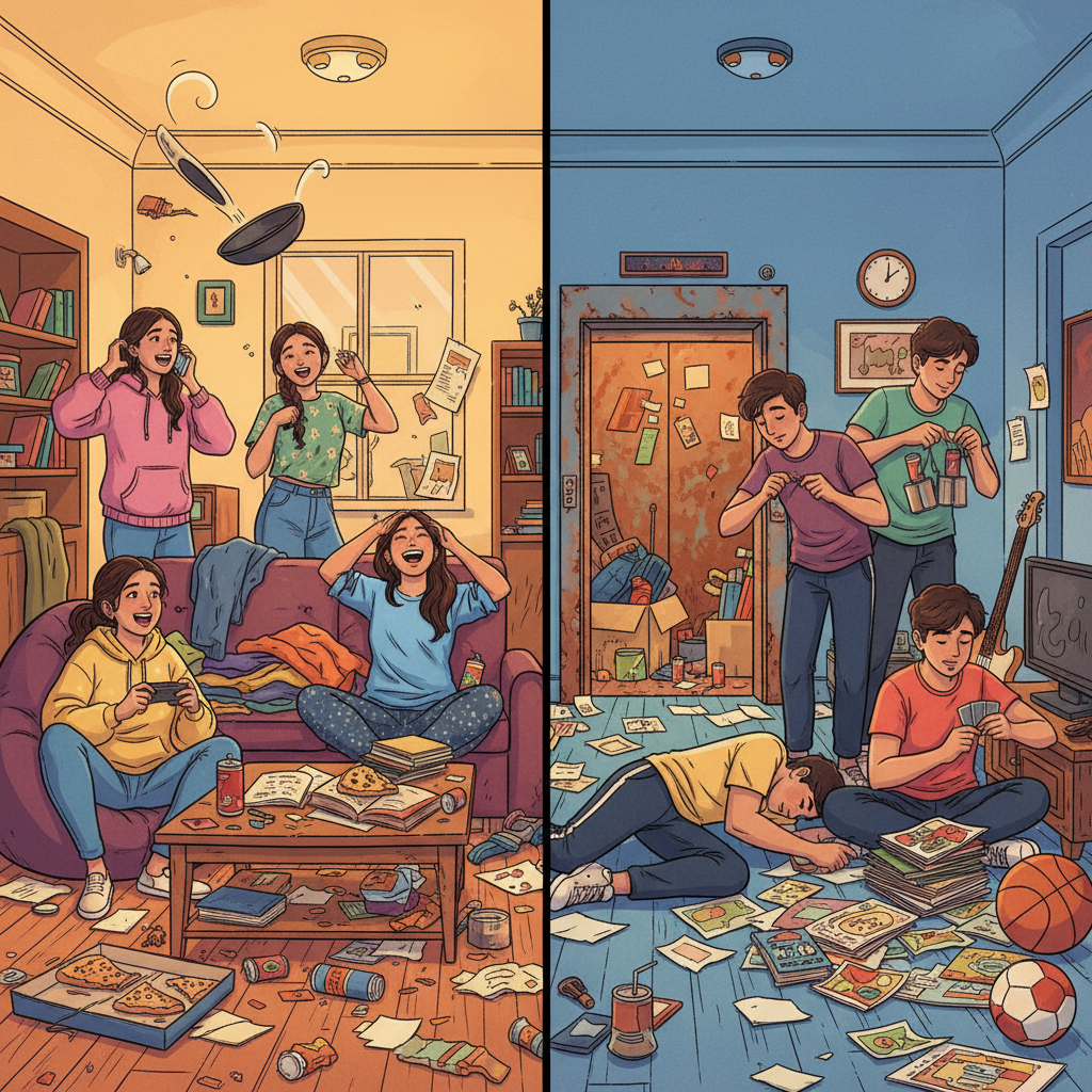 Split screen illustration, left side four indian college girls in a chaotic apartment, right side four indian boys in a messy apartment, separated by a hallway with an elevator, comic book style, vibrant colors