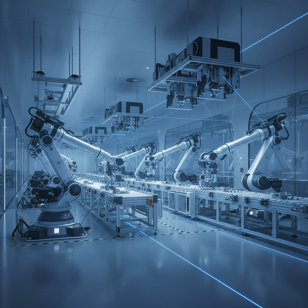 Modern automated factory floor with clean lines, conveying efficiency and precision engineering, soft industrial blue lighting