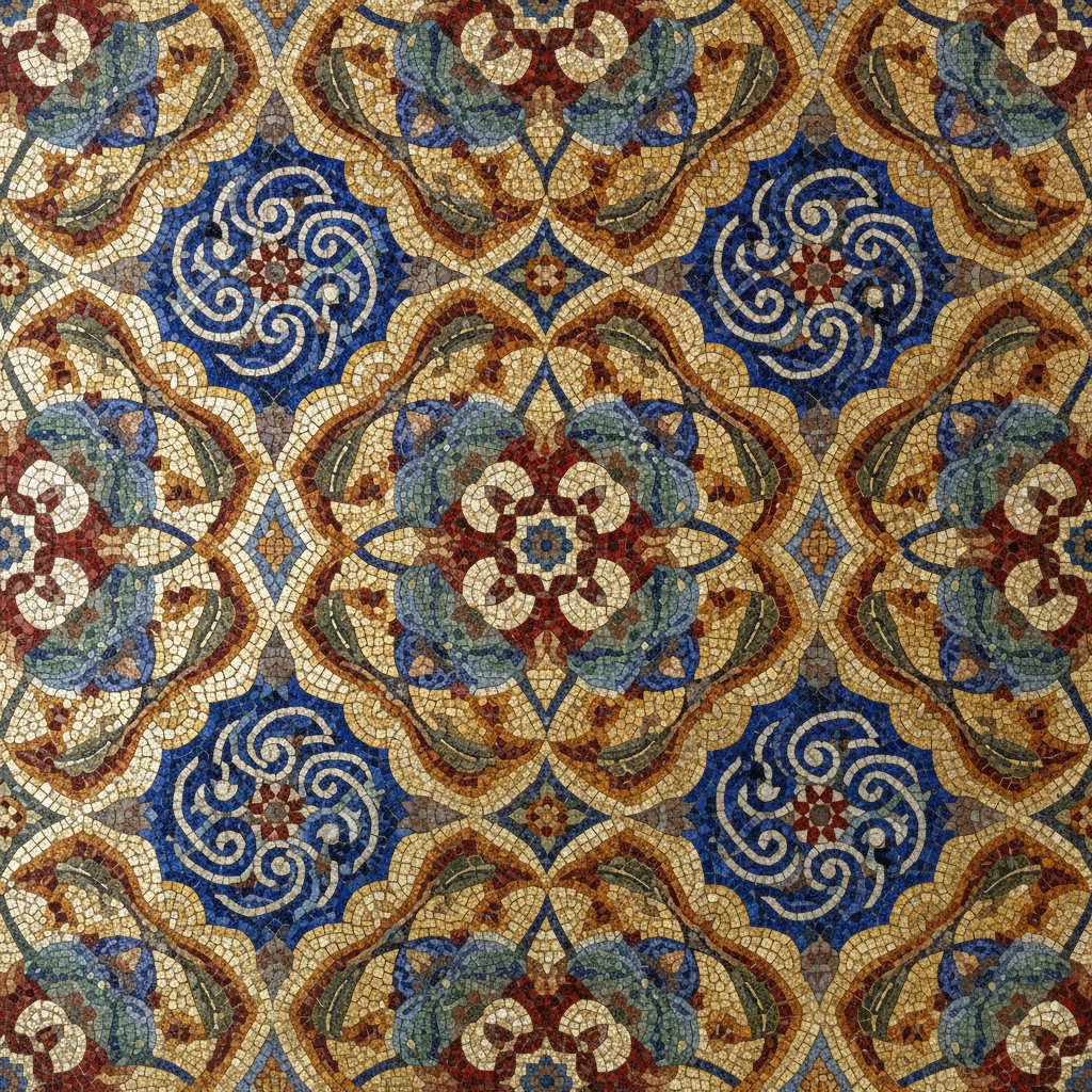 Close up texture of byzantine mosaic patterns, gold tiles, blue stones, intricate geometric geometry