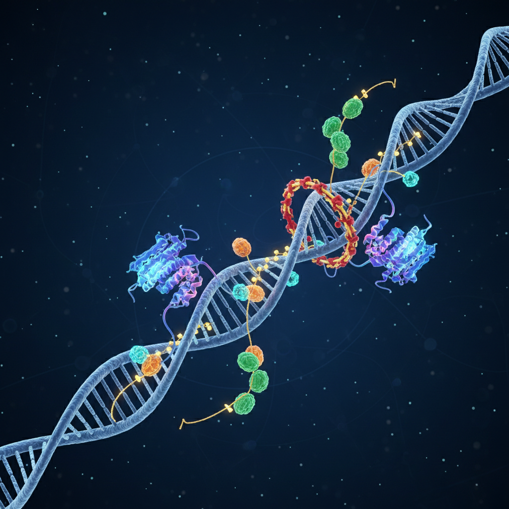 abstract 3d scientific illustration of bacterial dna replication fork with glowing proteins, dark blue background, high detail, molecular biology