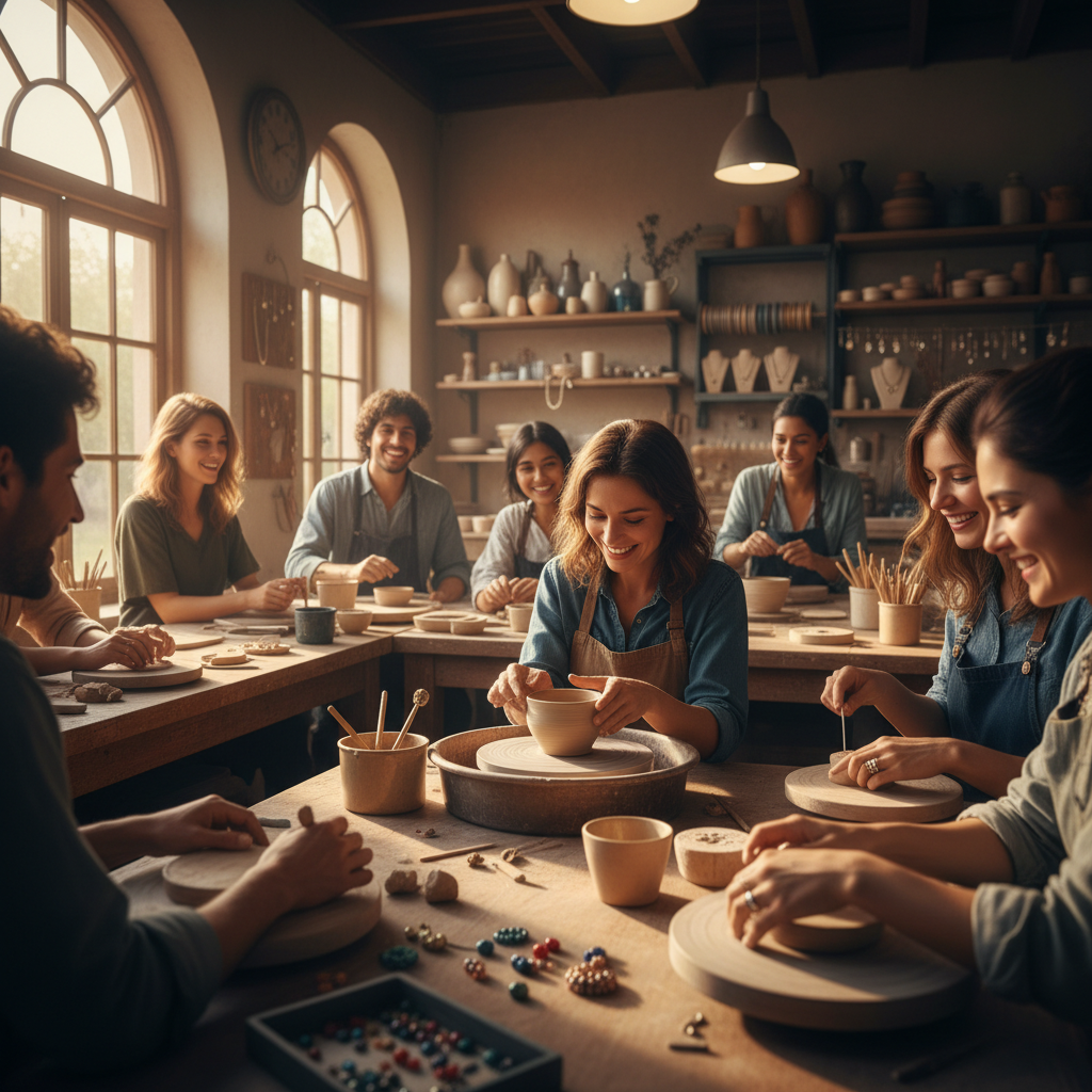 A warm, inviting scene of a pottery or jewelry workshop with people smiling and learning, focus on hands and interaction