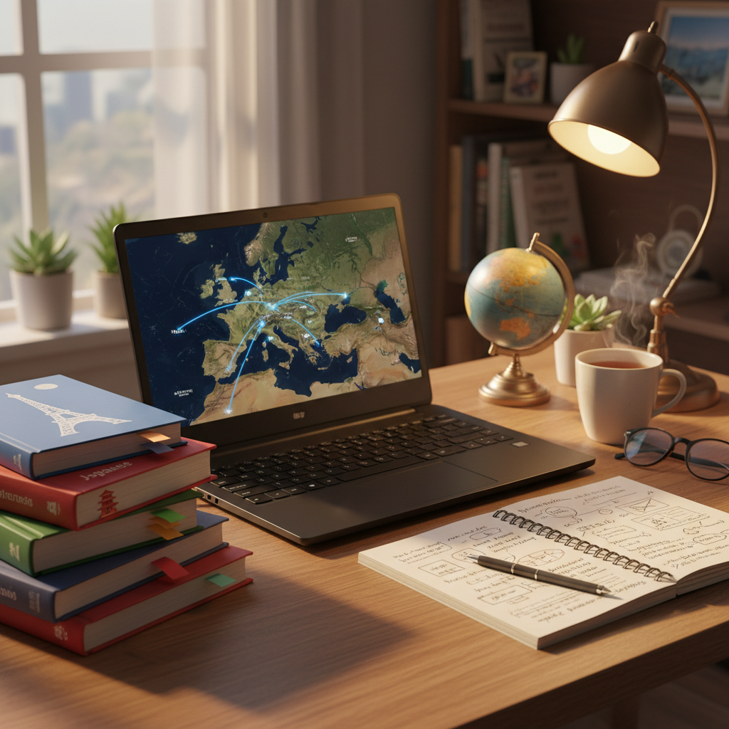 An organized desk with language learning books, a laptop showing a map, a notebook with handwritten notes, soft lighting, 4k