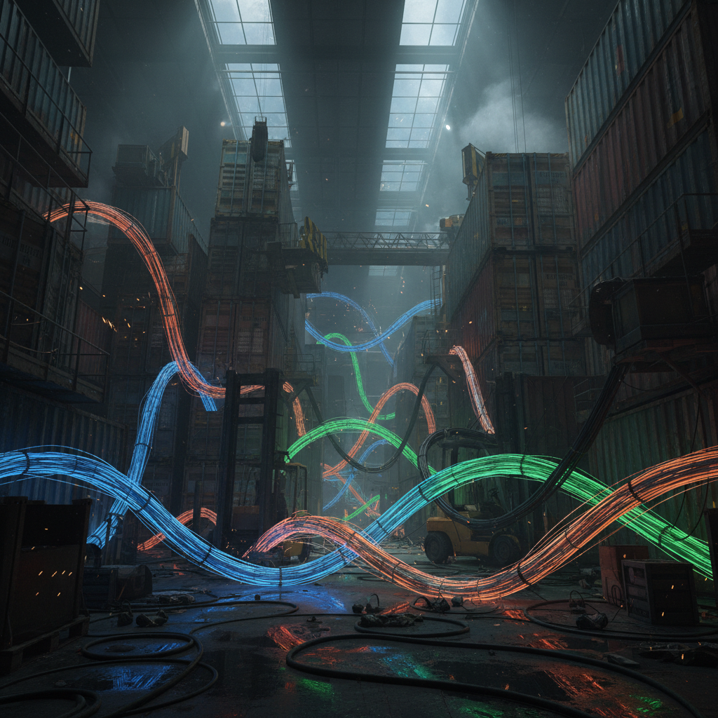 A chaotic scene of tangled glowing wires and shipping containers in a dark warehouse, representing confusion and complexity, cinematic lighting, photorealistic