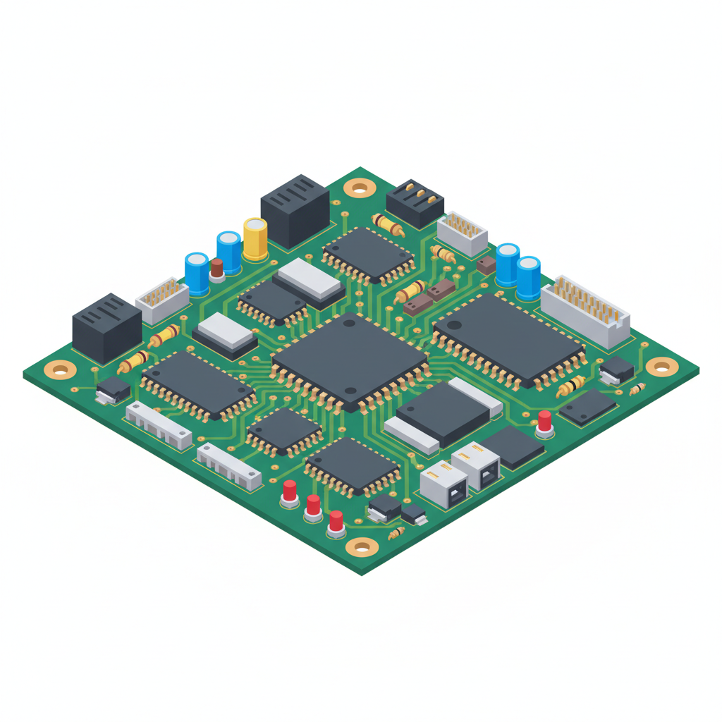 Isometric vector illustration of a green electronic printed circuit board, clean white background, high detail