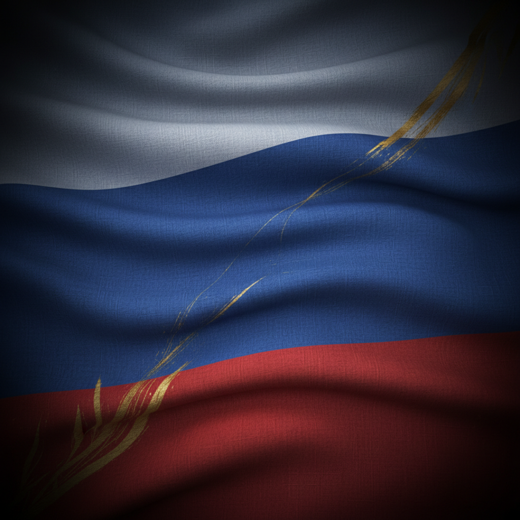 A solemn and patriotic background featuring the texture of the Russian flag waving gently, realistic style, dark blue gradients, cinematic lighting, gold accents
