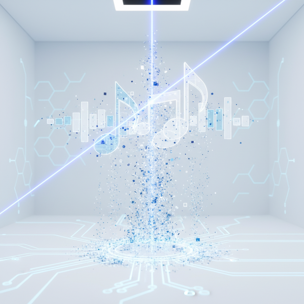 3d render of digital music notes and rhythm bars being scanned by a futuristic blue laser beam, data analysis concept, clean white and blue theme, high tech, detailed