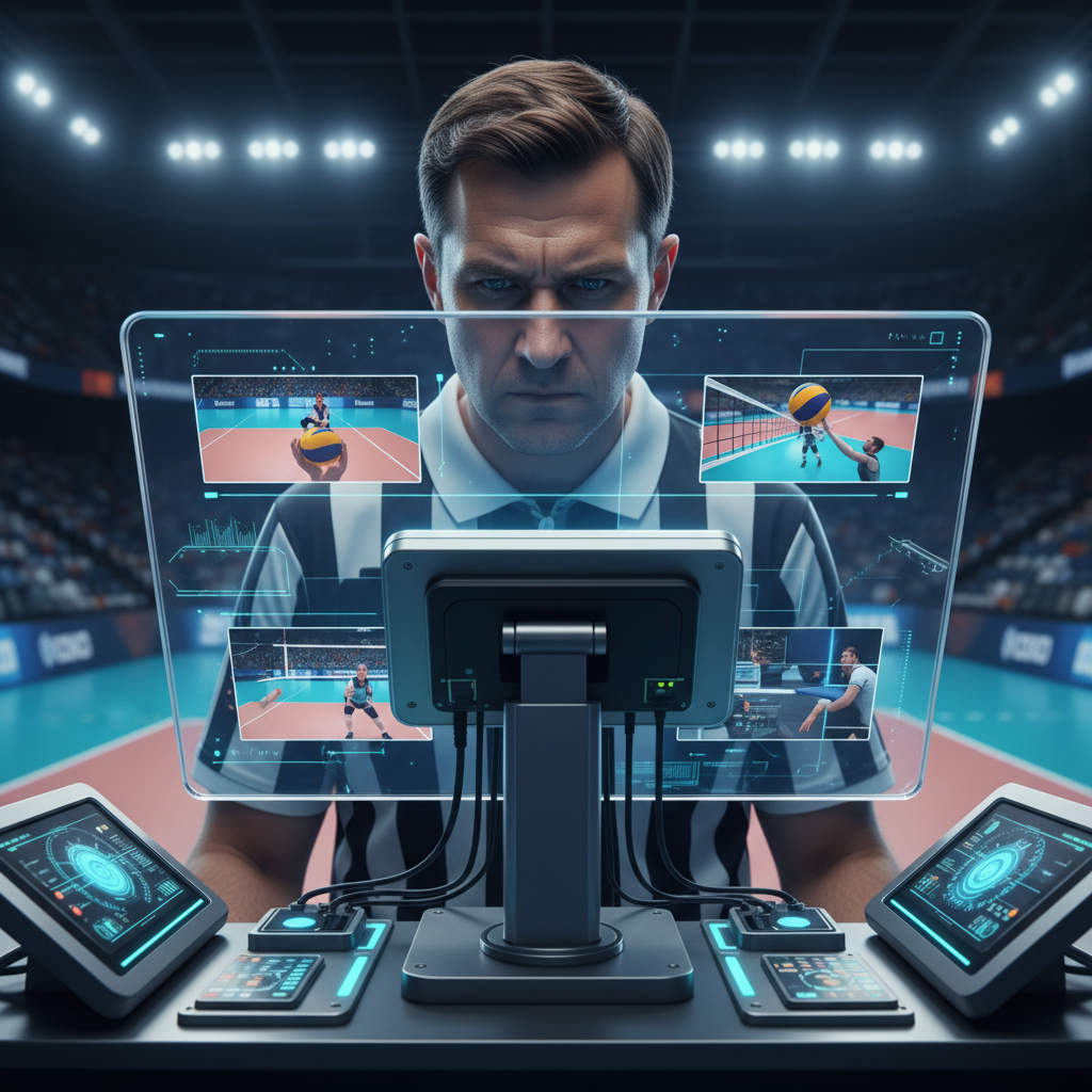 Volleyball referee looking at a monitor screen for video challenge review, serious expression, high tech equipment