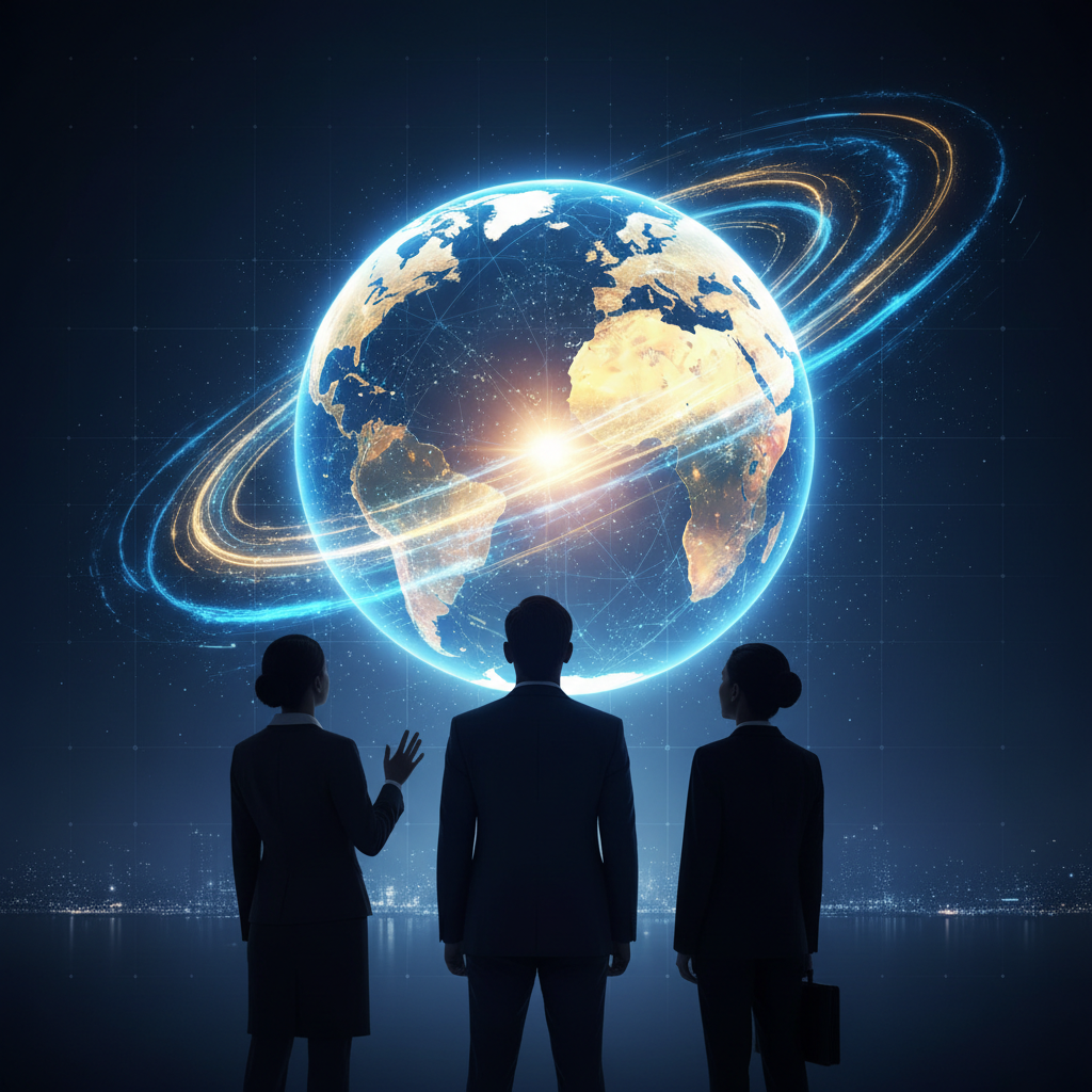 silhouettes of business people looking at a large glowing globe, symbolizing future and global integration