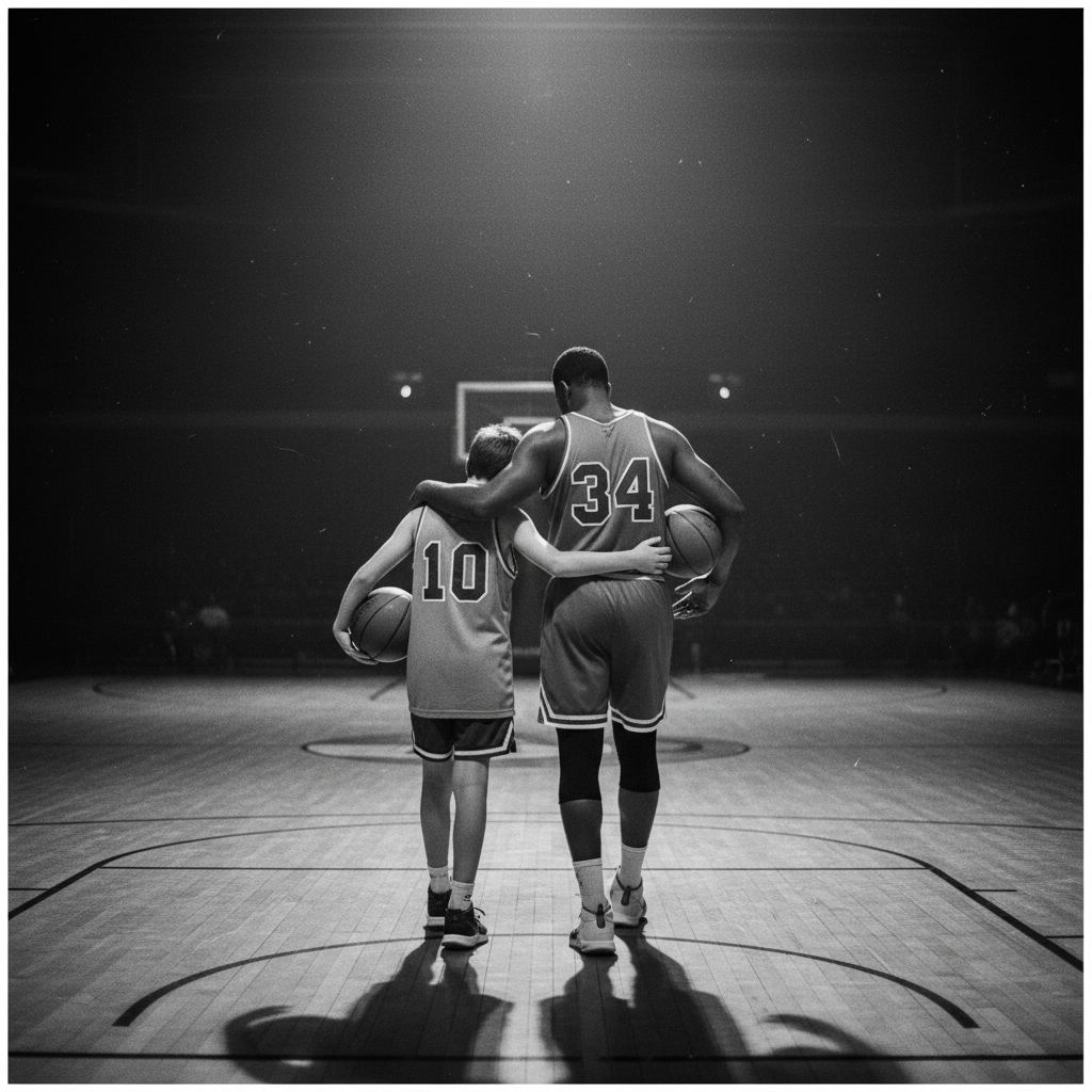 Father and son basketball players walking off court together, back view, emotional, black and white photography