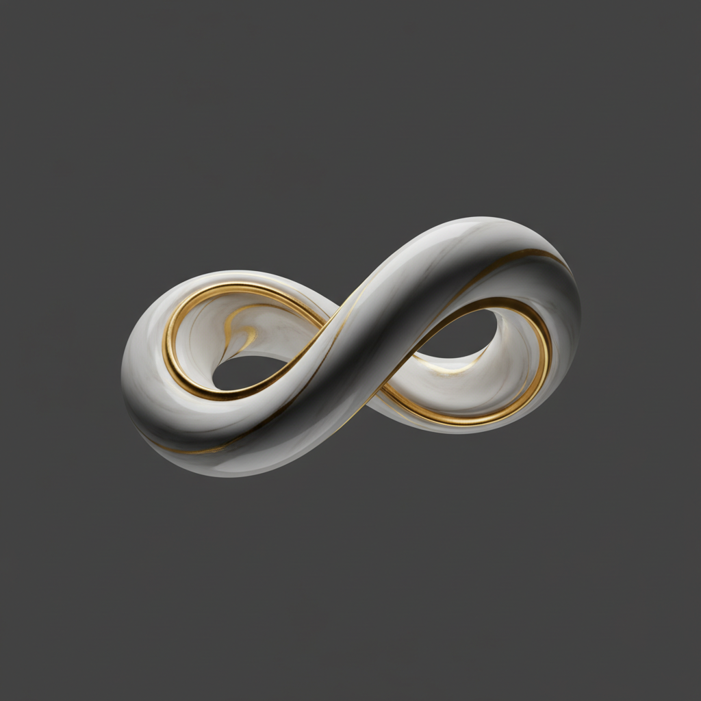 Abstract smooth white marble sculpture with a gold vein running through it, twisted in an infinity loop shape, dramatic lighting to emphasize flow and curves, dark grey background