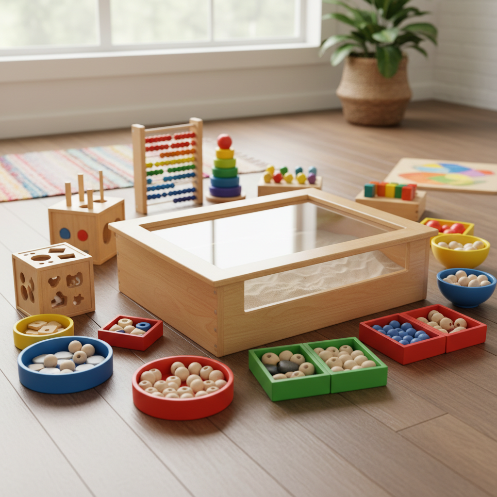 Montessori style sensory toys, wooden sorters, sand table for kids, bright colors