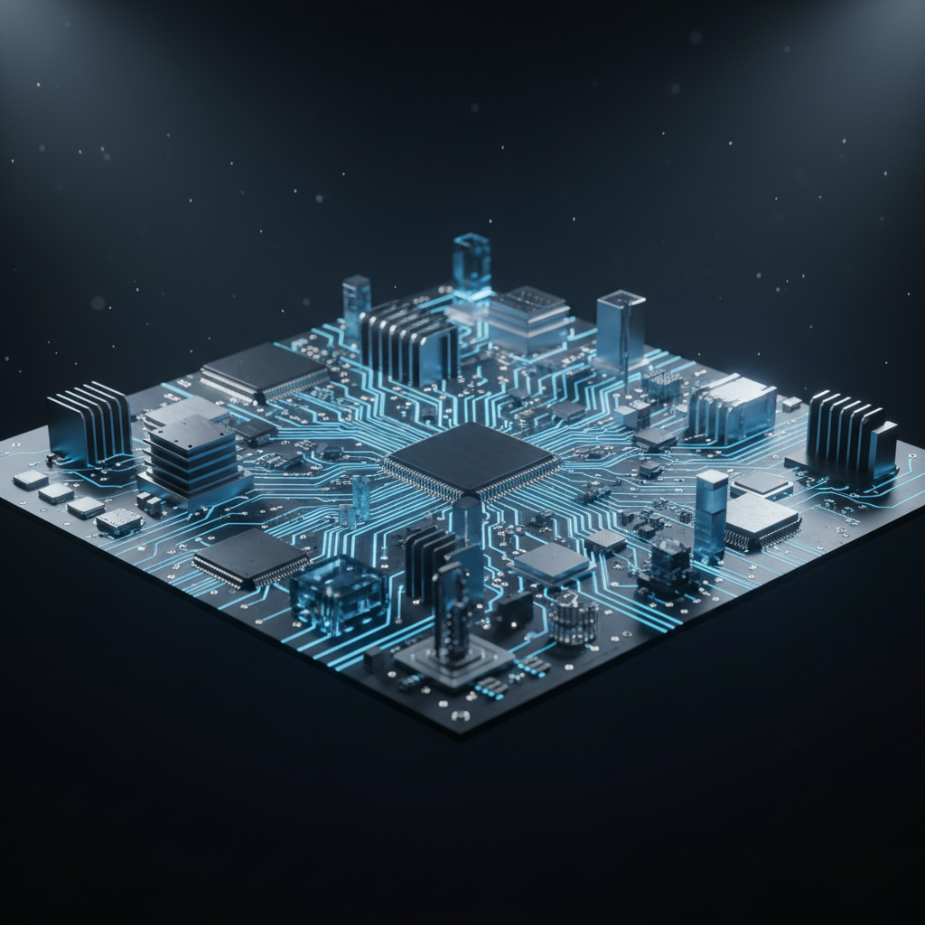 futuristic close-up of a printed circuit board with glowing blue traces and high-tech components, cinematic lighting, dark background, professional photography style