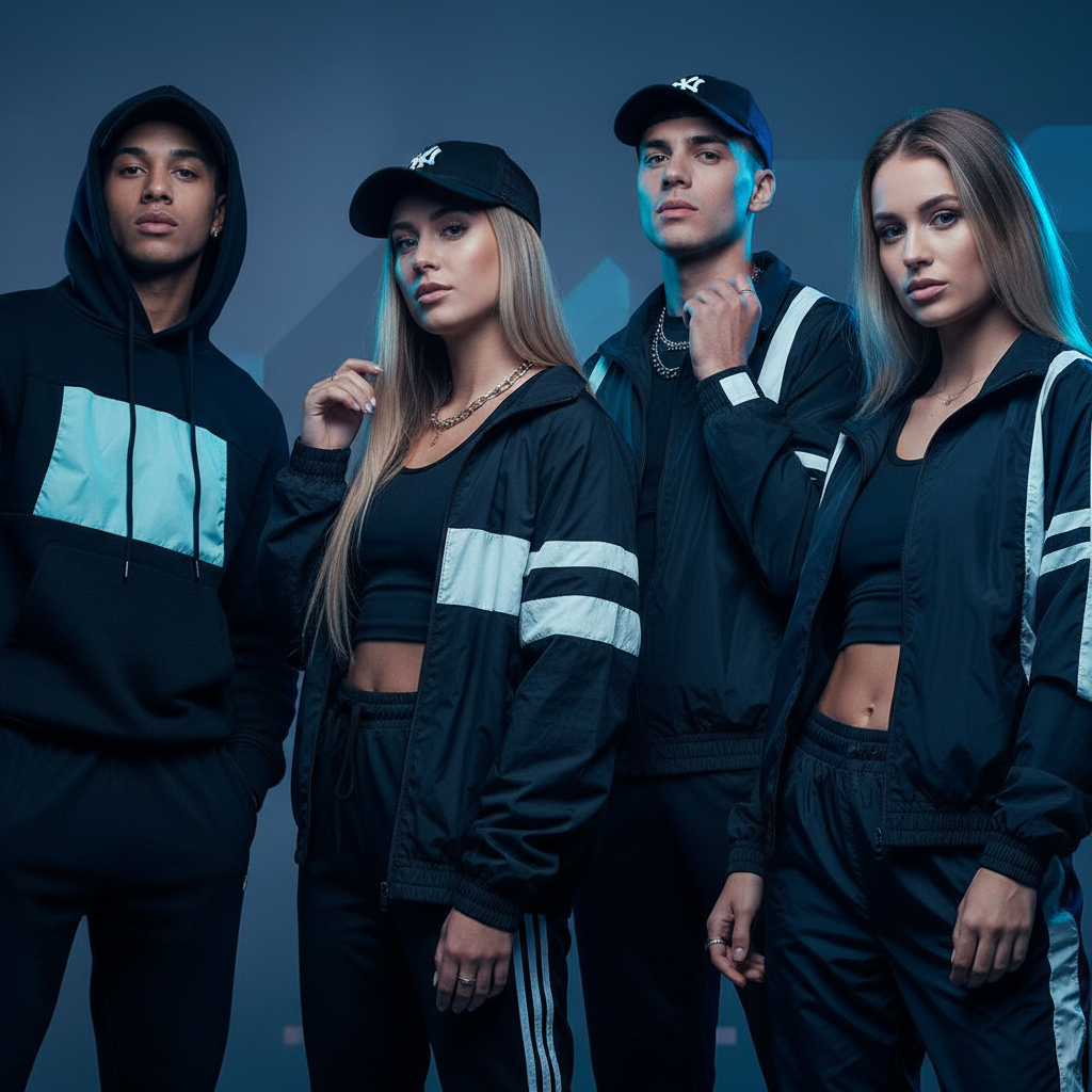 Close up portrait of a cool diverse group of young adults wearing trendy sportswear, urban fashion, casual and confident, studio lighting with blue accents