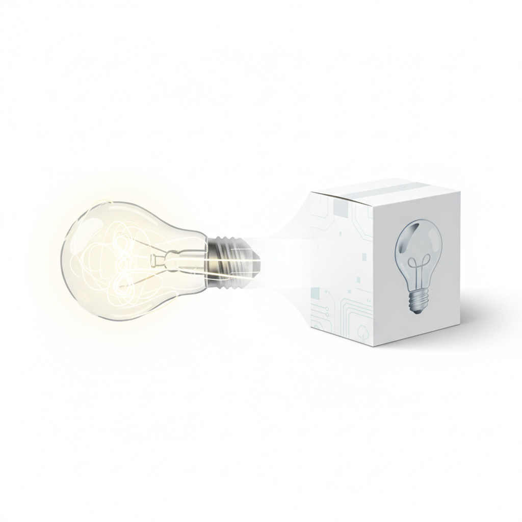 A conceptual illustration of a raw idea lightbulb transforming into a finished packaged product box, modern minimalist style, white background