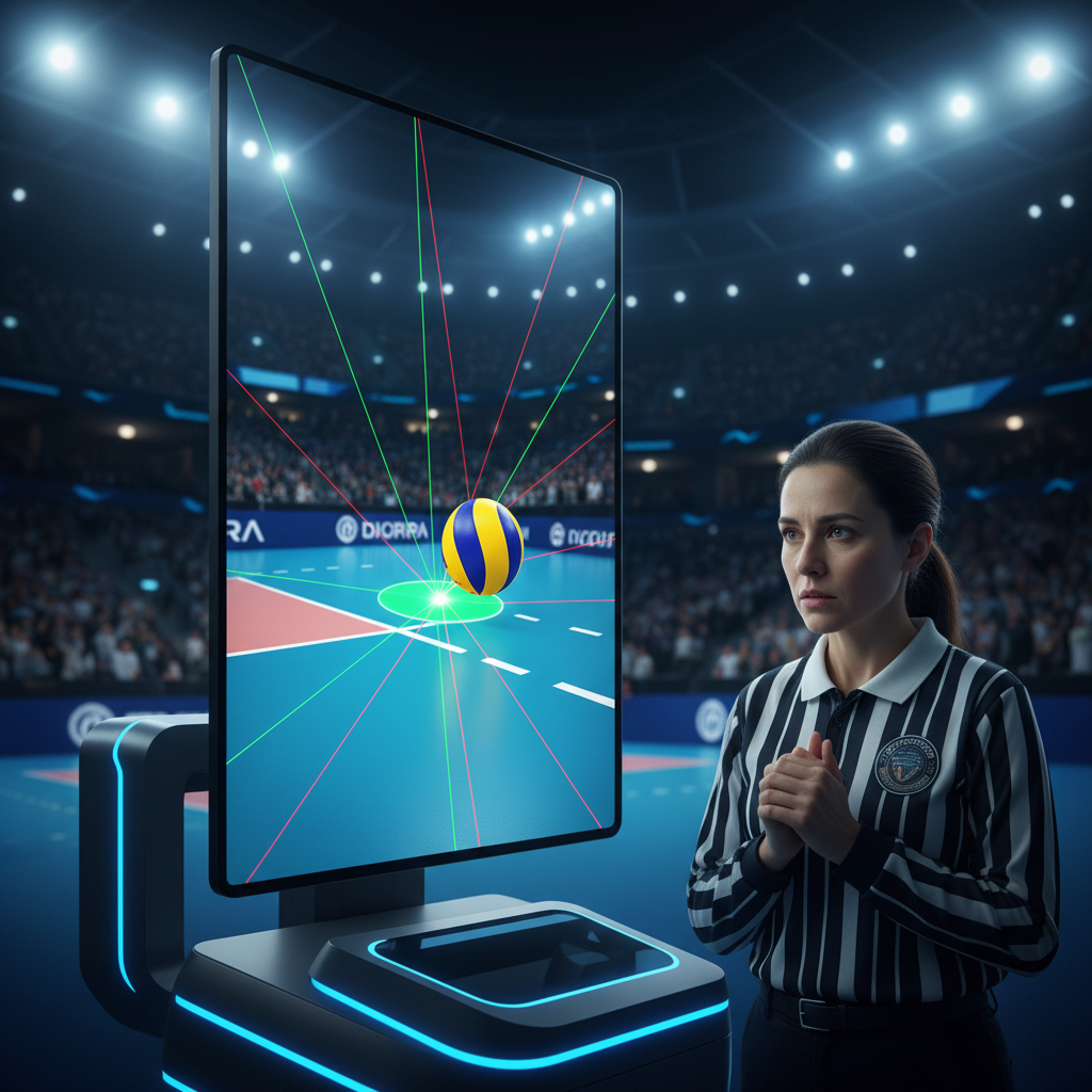 realistic photo of a volleyball video challenge monitor screen showing computer graphics of ball impact on line, referee watching intently, modern technology setting