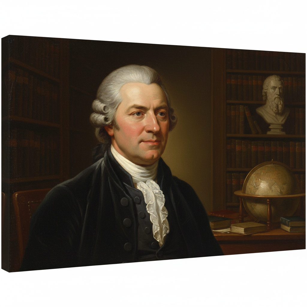 Classical oil painting style portrait of Adam Smith, 18th century atmosphere, subtle lighting, dark academic background, high resolution