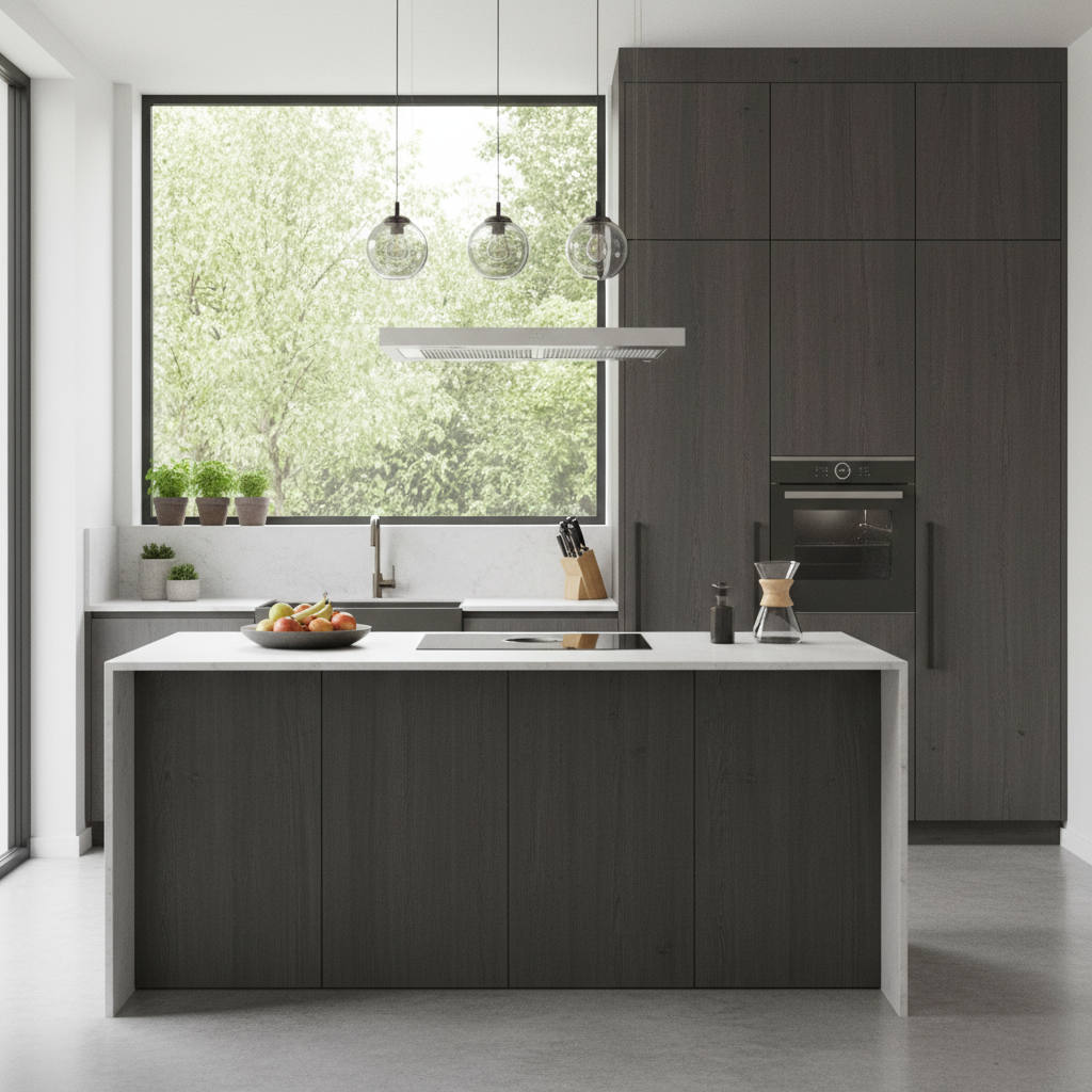 Interior of a modern kitchen with high cabinets, domestic setting, realistic photography