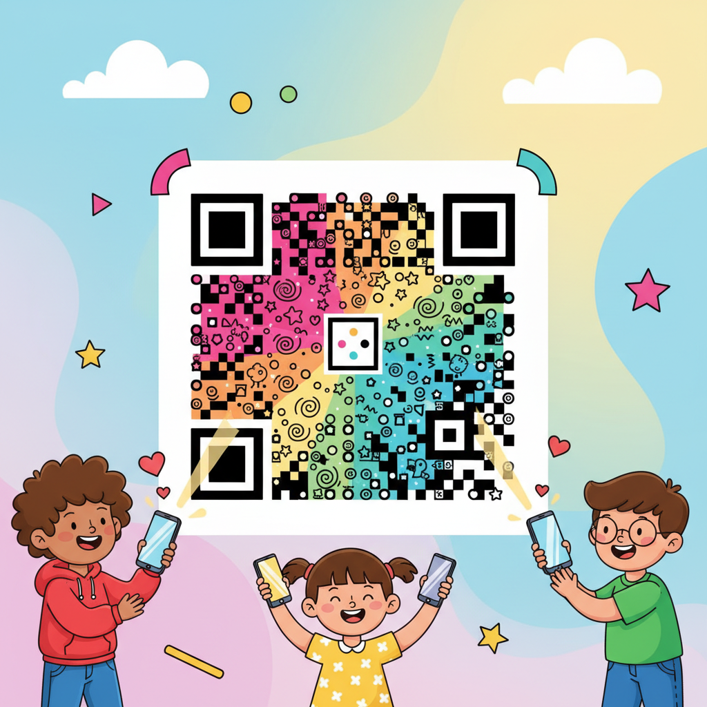 Colorful illustration of a QR code with patterns, children scanning it with smartphones, bright and cheerful cartoon style