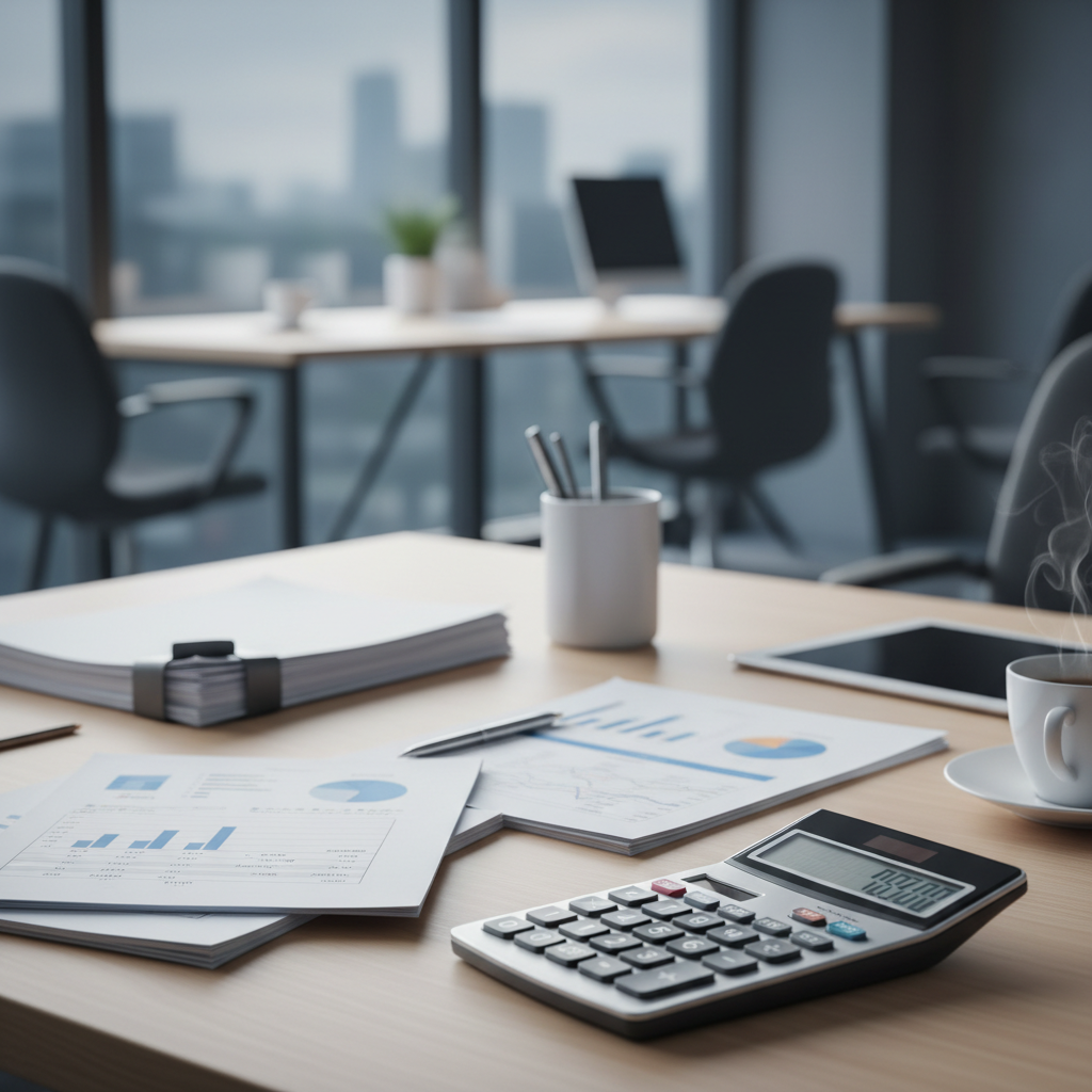 Photorealistic close-up of a modern bank office desk with financial documents and a calculator, professional atmosphere, realistic lighting, 4k
