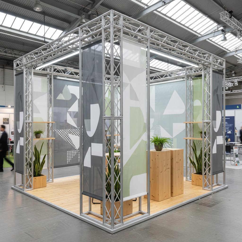 Modern reusable modular exhibition booth structure, aluminum frame system, sustainable trade show design, clean minimalist style, professional photography