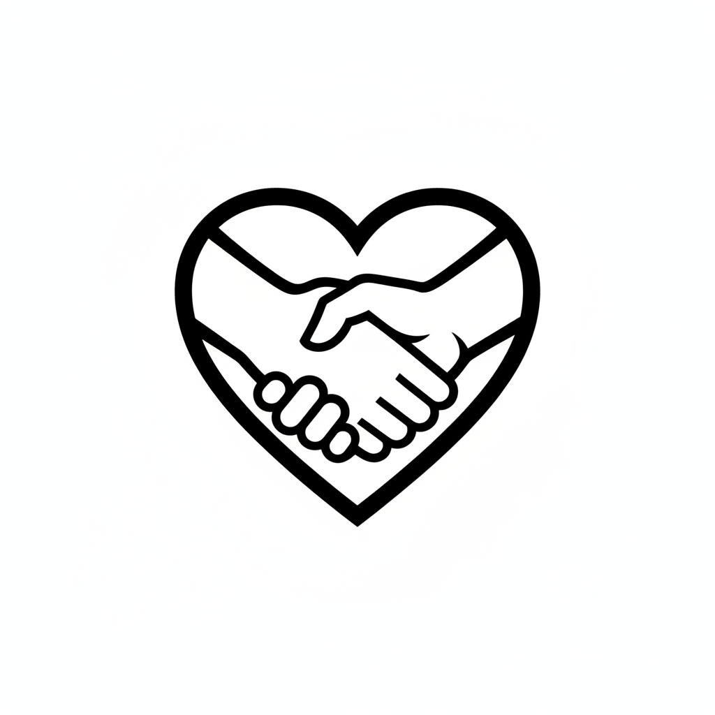 simple black icon of a handshake or a heart connection, vector style, white background