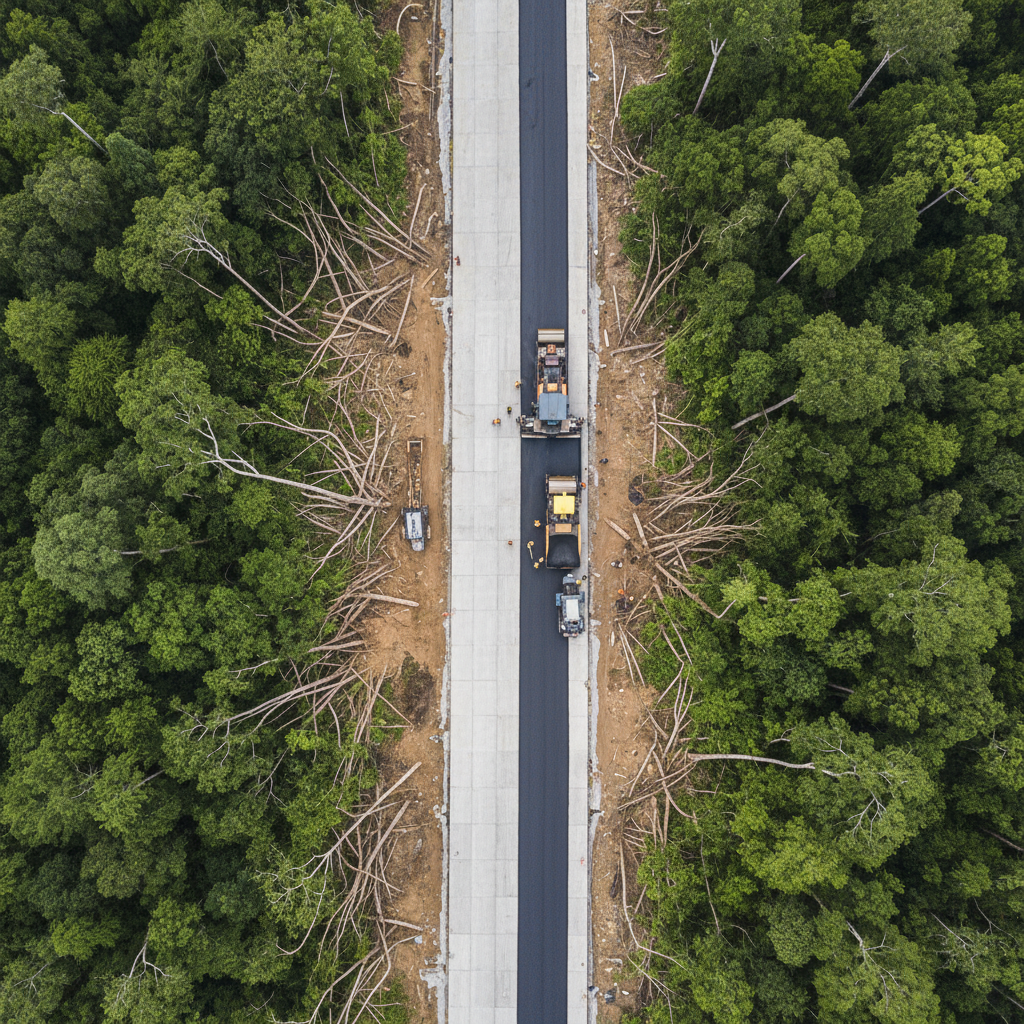 Cinematic photo of a straight concrete road being paved over a wild, tangled forest. The road is perfectly straight, but the forest underneath is chaotic. Represents imposing logic on chaos. Top down view.