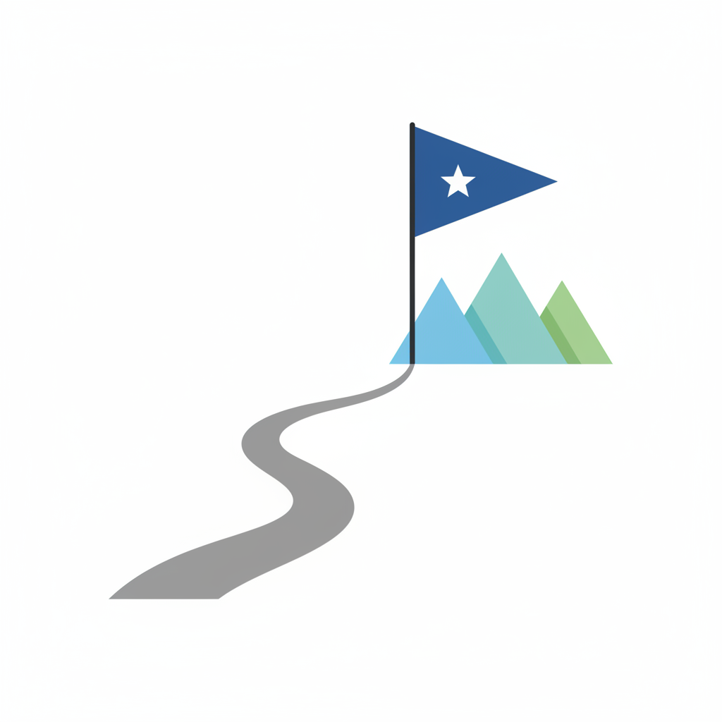 minimalist illustration of a mountain path leading to a flag, symbolizing a project journey and goal, flat design, light background