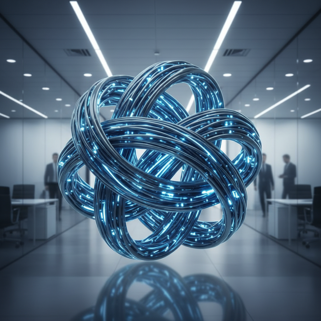 Abstract representation of a tangled knot made of blue and grey glowing lines in a corporate environment, symbolizing complexity and process friction, high quality, 8k, photorealistic